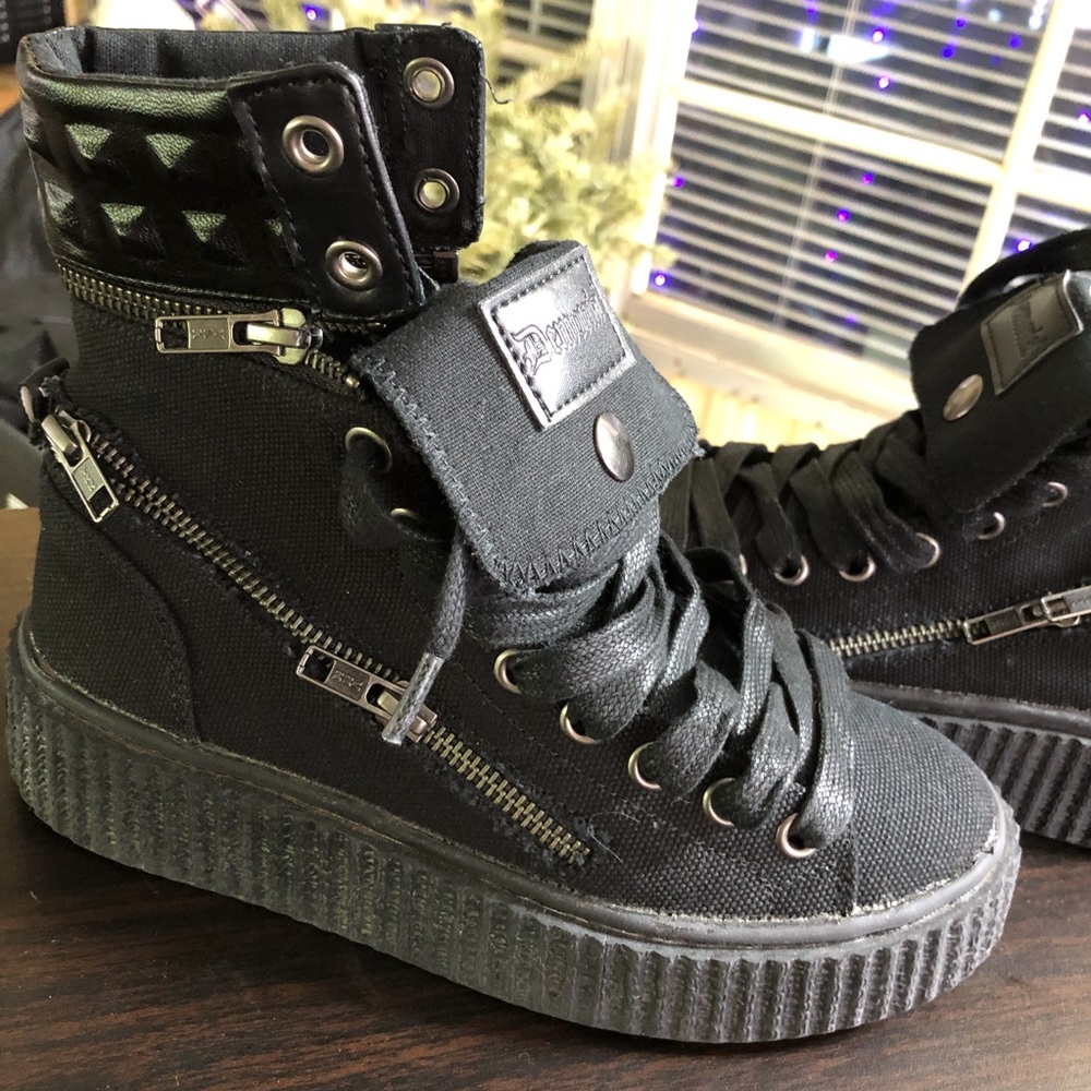 Demonia Black High-Top Sneakers with Zipper and Stud Detail
